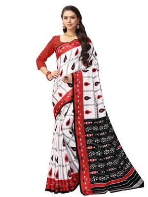 White Printed Art Silk Saree With Blouse 1
