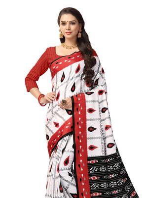 White Printed Art Silk Saree With Blouse 2