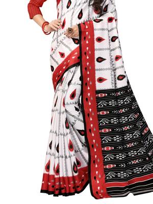 White Printed Art Silk Saree With Blouse 3