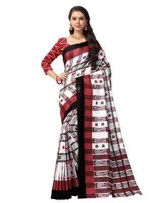White printed art silk saree with blouse 1