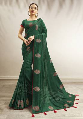 Green printed chanderi silk saree with blouse 1