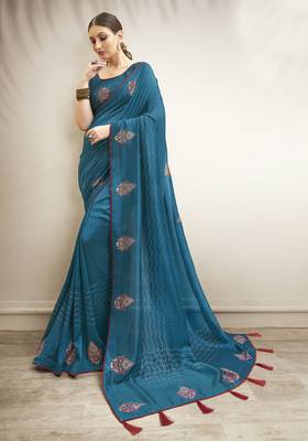 Blue printed art silk saree with blouse 1