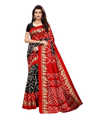 Red Printed Poly Silk Saree With Blouse 1