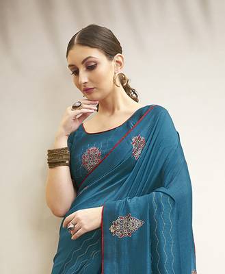 Blue printed art silk saree with blouse 2