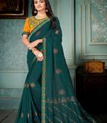 Dark teal printed silk blend saree with blouse