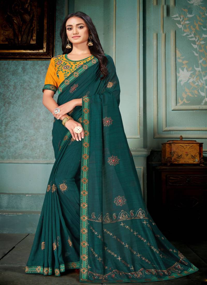 Dark teal printed silk blend saree with blouse