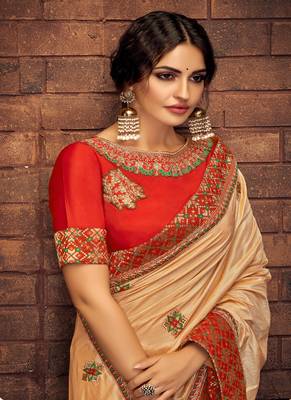Cream embroidered satin saree with blouse 2