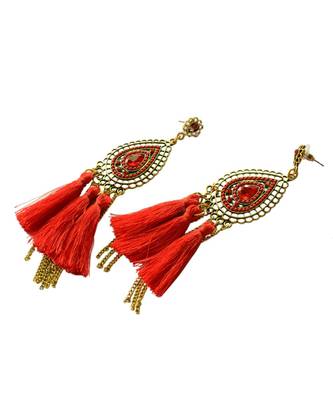 Dashing Red Beaded Tassle Dangler Earrings For Women 2