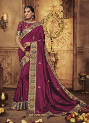 Magenta embroidered silk saree with blouse 1