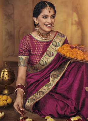 Magenta embroidered silk saree with blouse 2