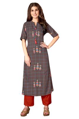 Kimisha Grey Rayon Cotton Printed A LINE Kurta 1