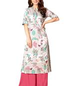 Kimisha Off White Rayon Cotton Printed A-Line Kurti With Pocket