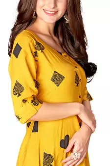 Mustard Rayon Printed Full Stitched Anarkali Kurti