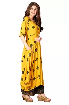 Mustard Rayon Printed Full Stitched Anarkali Kurti