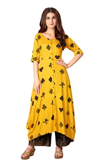 Mustard Rayon Printed Full Stitched Anarkali Kurti