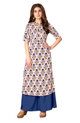 Kimisha Baby Pink Rayon Cotton Printed A-Line Kurti With Pocket 1