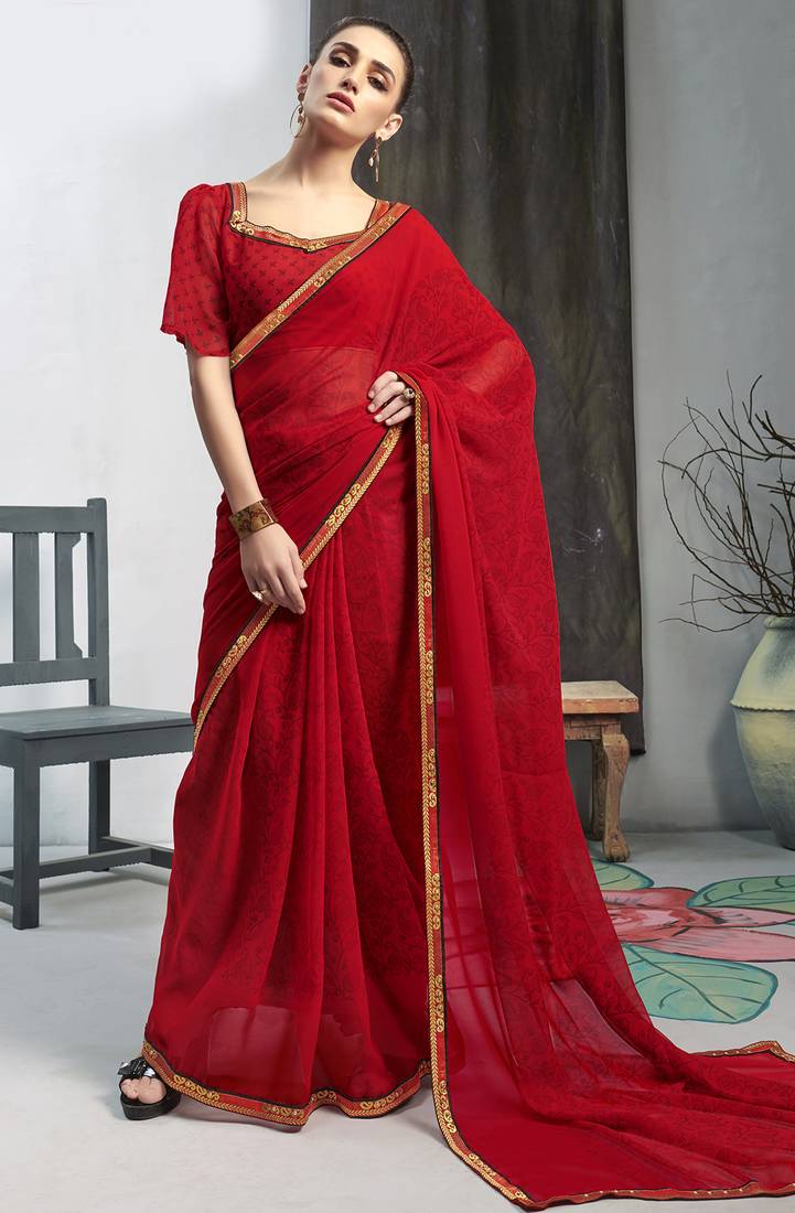 Red printed georgette saree with blouse