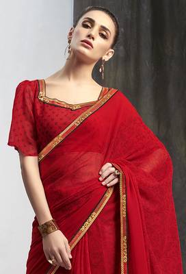 Red printed georgette saree with blouse 2