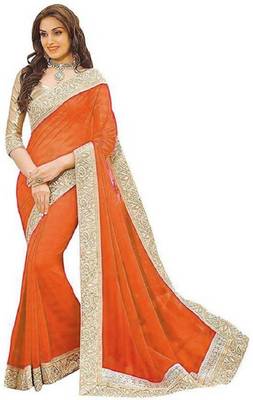 Orange Jacquard Lace  Vichitra Silk Bollywood Saree With Blouse Piece.  1