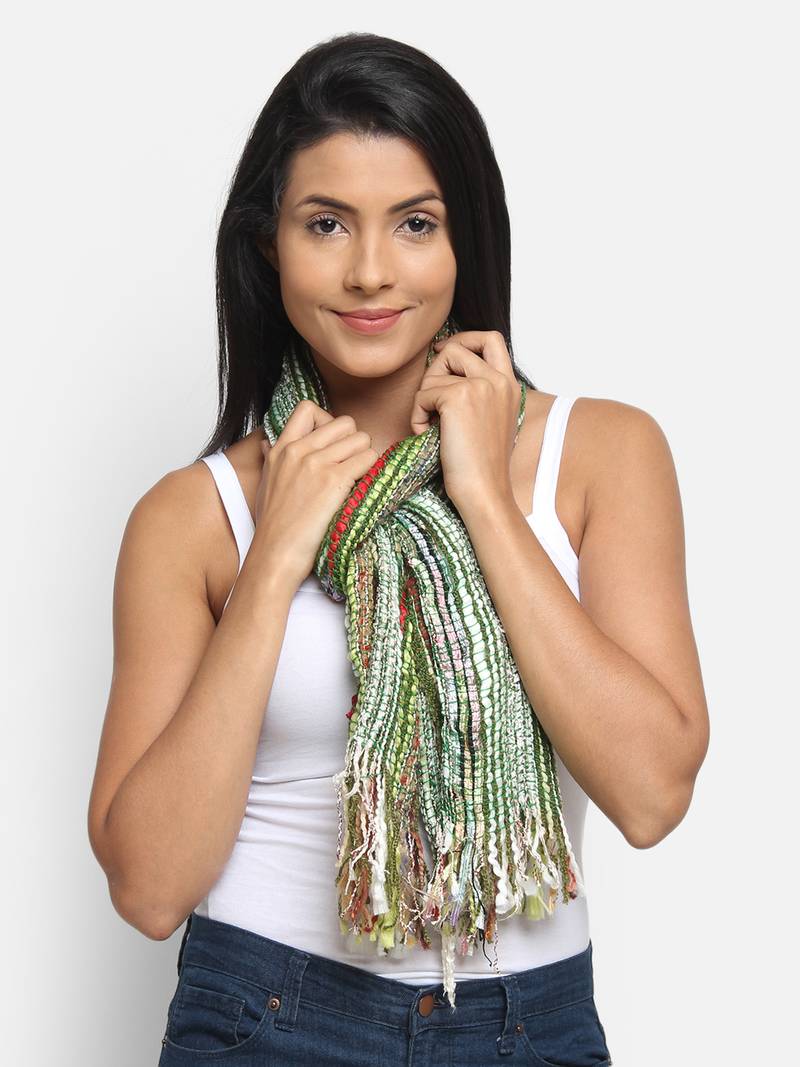 Dark Green & Multicolor Striped Acrylic Stole