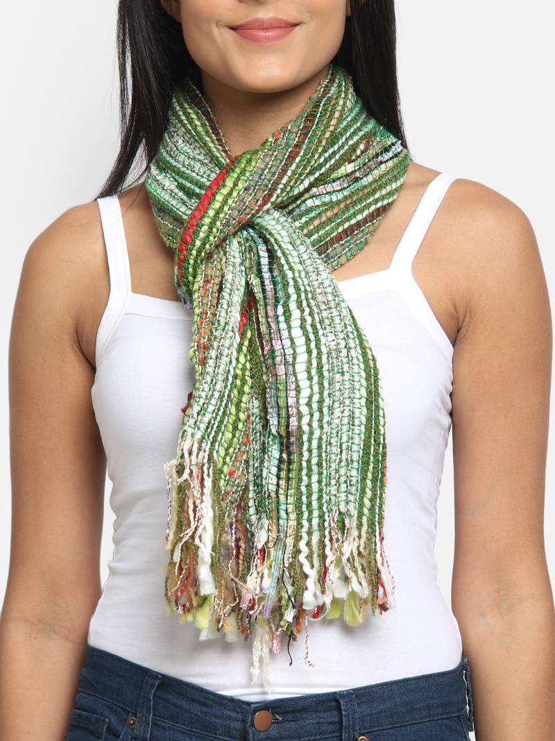 Dark Green & Multicolor Striped Acrylic Stole