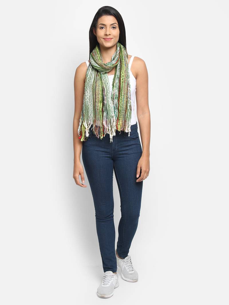 Dark Green & Multicolor Striped Acrylic Stole