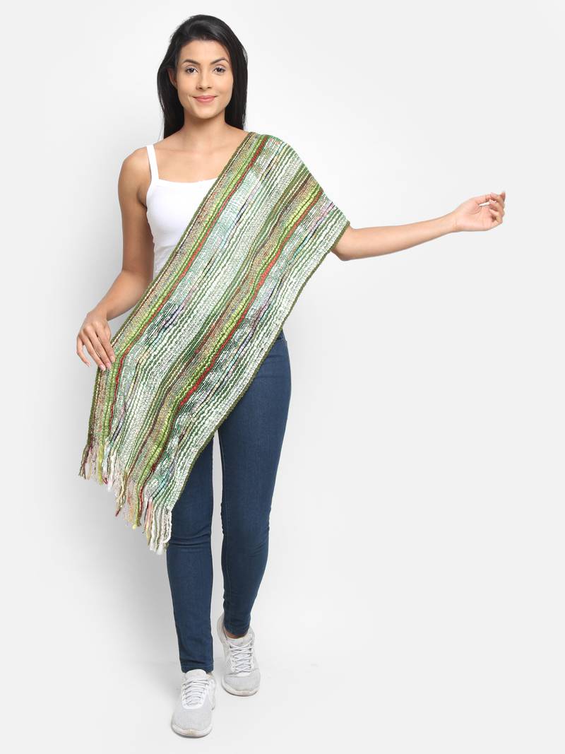 Dark Green & Multicolor Striped Acrylic Stole