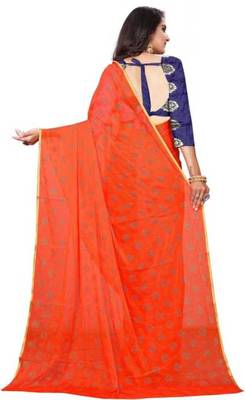 Orange printed nazneen saree with blouse 4