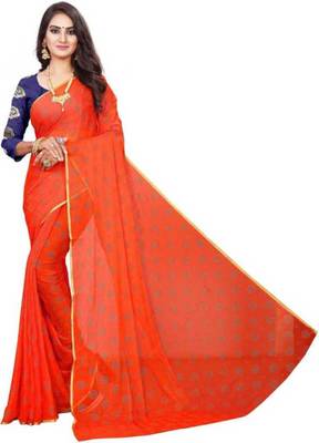 Orange printed nazneen saree with blouse 5