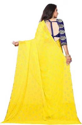 Yellow printed nazneen saree with blouse 4