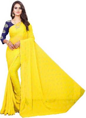 Yellow printed nazneen saree with blouse 5