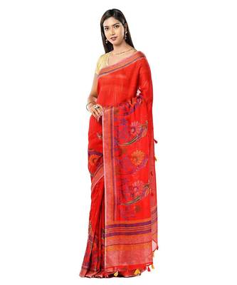 Red linen ensemble with tassels saree 1