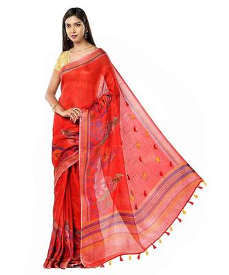 Red linen ensemble with tassels saree 2