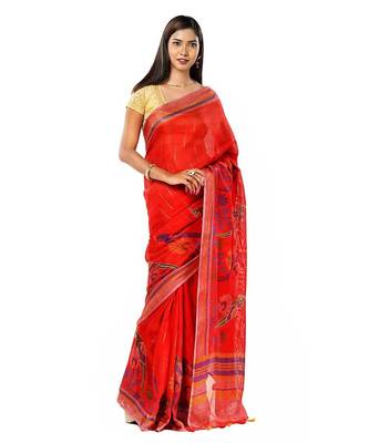 Red linen ensemble with tassels saree 3
