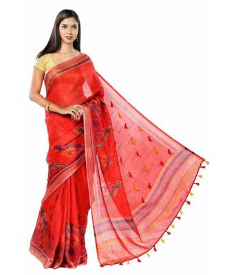 Red linen ensemble with tassels saree 4