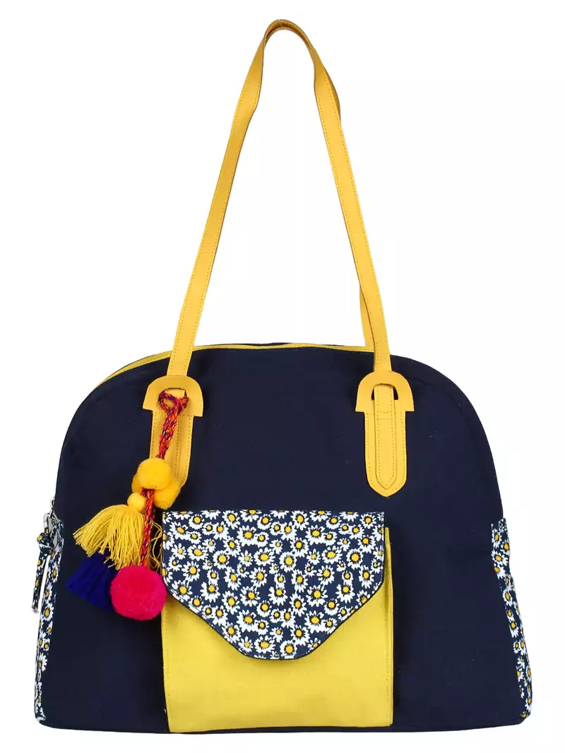 Anekaant Floral Canvas Shoulder Bag Navy & Yellow