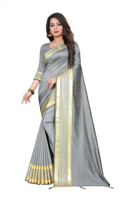 Grey plain silk saree with Blouse Unstitched 1