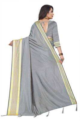 Grey plain silk saree with Blouse Unstitched 2