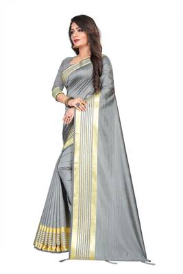 Grey plain silk saree with Blouse Unstitched 3
