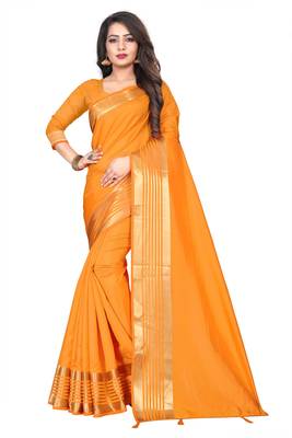 Yellow plain silk saree with Blouse Unstitched 1