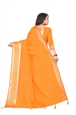 Yellow plain silk saree with Blouse Unstitched 2