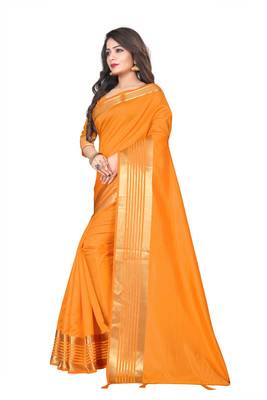 Yellow plain silk saree with Blouse Unstitched 3
