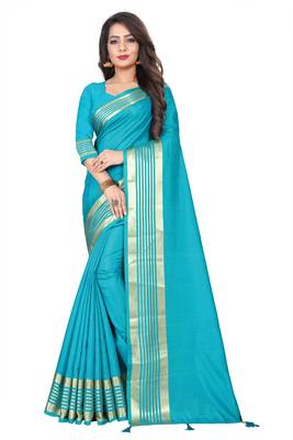 Blue plain silk saree with Blouse Unstitched 1