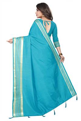 Blue plain silk saree with Blouse Unstitched 2