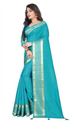 Blue plain silk saree with Blouse Unstitched 3