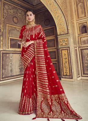 Red woven silk blend saree with blouse 1
