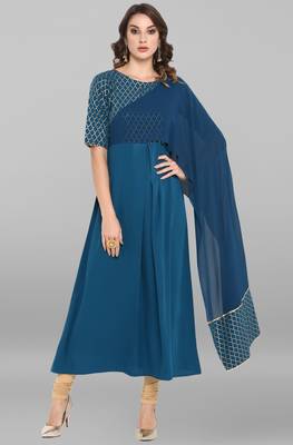 Janasya Turquoise printed crepe ethnic-kurtis 1