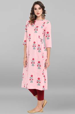 Janasya Pink printed cotton ethnic kurtis 3