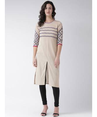 Women's Beige Cotton Below Knee Kurta 1