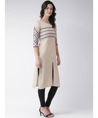 Women's Beige Cotton Below Knee Kurta 3